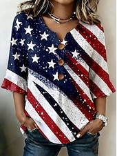  Women's Casual Shirt Summer Tops Blouse Buttons Graphic American Flag Elegant Bohemia Active V Neck Long Tops Casual Blue White and Blue Red / Blue Beige Summer Spring Fall Winter
