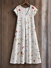 cheap Floral Dress-Women's Midi Dress Shift Dress T Shirt Dress Tee Dress Summer Dress Elegant Bohemia Vacation Beach Party Holiday Regular Fit Star Tropical Short Sleeve V Neck White Maroon Yellow Red Summer Spring