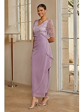 cheap Polished Edit-Women's Sheath Column Cocktail Dress Wedding Guest Dress Ankle Length V Neck Half Sleeve Illusion Sleeve Elegant Mother Of The Bride Semi Formal with Chiffon 3D Floral Mesh Slit Side Draping Lavender