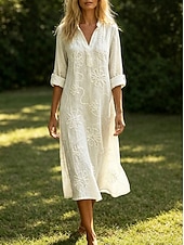  Per donna Abito Midi Abito Bianco Abito Floreale Moda Moderno Spiaggia Vacanza Weekend Vestibilità regolare Floreale Manica Lunga Scollo a V Bianco Estate Primavera Autunno