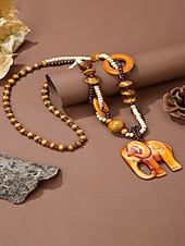baratos Colar Feminino-Colar feminino boêmio com pingente de madeira, longo, com contas, estilo statement, com pingente de elefante, peixe e flores. Joia artesanal em madeira, ideal para férias, praia, festivais, viagens e