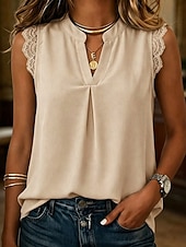  Women's Tank Top Lace Trim Plain Stylish Casual Sleeveless Stand Collar Regular Tops Casual Daily Khaki White Pink Green Summer Spring