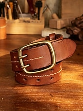 tanie Paski męskie-Męski pasek ze skóry licowej, regulowany pasek casualowy w stylu vintage z podwójną klamrą w kolorze brązowo-czarnym, klasyczny pasek do jeansów na co dzień, w podróż i do pracy