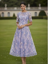 abordables Longueur de cheville-Ligne A Robe Longueur cheville Longueur thé Robe en Dentelle Robe de Cocktail Robe de Mère de Mariée  Manche Courte Demi Manches Col Bateau Élégant ancien Luxueux robe demoiselle d honneur Semi-Formel