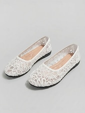 cheap Women's Flats-Women's White Floral Mesh Ballet Flats – Breathable Lightweight Walking Shoes with Cushioned Comfort for Vacation Travel, Garden Parties and Everyday Wear