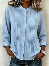 preiswerte Einfache Blusen-Damen Bluse Einfarbig Vintage Stilvoll Basic Langarm Mandarinkragen Normale Oberteile Lässig Täglich Blau Schwarz Weiß Purpur Sommer Frühling