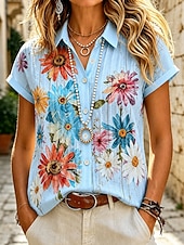 preiswerte Blumenblusen-Damen Hemd Knöpfe Druck Blumen Grafik Täglich Stilvoll Lässig Kurzarm Hemdkragen Normale Oberteile Lässig Täglich Blau Weiß Purpur Sommer Frühling