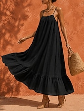  Per donna Abito maxi Abiti di lino Abito Boho Vintage Vacanza Vestibilità comoda Semplice Senza Maniche Spalline sottili Corallo Nero Estate