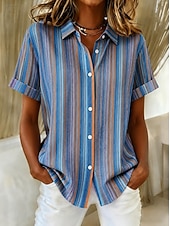 voordelige Strepen- en Geometrische Blouses-Dames Overhemd Knop Afdrukken Grafisch Ruitjes Gestreept Vintage Dagelijks Stijlvol Korte mouw Overhemdkraag Lange tops Casual Dagelijks blauw Groen En Blauw Paars Groen Zomer Lente