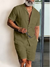 preiswerte Baumwoll-Leinenhemd-Herren Leinenhemd Zweiteilig Hemd Set Und Shorts Leinenshorts Strandshorts Set Einfach Einheitliche Farbe Lässig Täglich Outdoor Umlegekragen Kurzarm Sommer Mode Lässig Bequem Bekleidung