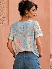 economico T-shirt floreale-Per donna Maglietta bohémien Top estivi Floreale Grafico Piante Elegante Bohemien Vintage Manica Corta Scollo a V Top Regolari Casuale Quotidiano Sportivo Blu Bianco / Rosa Albicocca rosa Estate