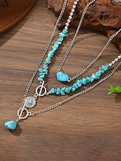 abordables Collar de mujer-Conjunto de collar de turquesa en capas para mujer, joyería boho de piedra natural con cadena de aleación de plata, regalo de moda de verano para mujeres maduras, playa, resort, fiesta en el jardín,