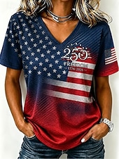  día de la independencia americana Mujer Camiseta Estampado Graphic Bandera Letra Vintage Elegante Clásico Manga Corta Escote en Pico Tops regulares Casual Diario Azul Tinta Verano Primavera