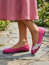 cheap Women's Flats-Women's Rose Pink Floral Ballet Flats – Round Toe Slip-On Shoes with Soft Cushioned Insole, Lightweight Flexible Sole and Rhinestone Flower Accent for Travel, Church and Everyday Wear