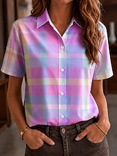  Mulheres Camisa Social Gráfico Xadrez Vintage à moda Moderno Manga Curta Colarinho de Camisa Tops regulares Casual Diário Azul Roxo Verão Primavera
