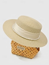 cheap Women's Hats-Women's Flat Top Straw Boater Hat, Pearl Trim Summer Sun Hat, Multiple Colors, Elegant Wide Brim Vacation Beach Hat for Travel, Resort, Garden Party &amp; Daily Wear