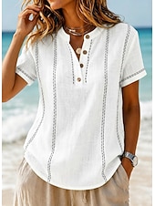 cheap Plain tee-Women's T Shirt Henley Shirt Tee Top Buttons Striped Fashion Short Sleeve Henley Long Tops Casual Beach Summer White Light Green Navy Blue Sky Blue Orange Summer Spring