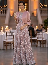 economico Set di abiti per la mamma-Due Pezzi Linea ad A Lunghezza al pavimento Abito da invitata a nozze Abito da cerimonia per signora Manica Corta Manica 3/4 Scollo a Barca Elegante Semplice Lussuoso Formale Ospite di nozze Raso