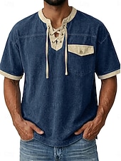 abordables camisetas basicas-Hombre Camiseta Camisa vaquera Camisa 100% algodón con lavado ácido Manga Corta cuello con cordones Otoño invierno Primavera Otoño Plano Vintage Ropa de calle Casual Bolsillo Lavado Casual Hogar Calle