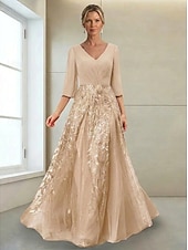 voordelige Vloerlengte-A-lijn Jurken Tot de grond Maxi-jurk Moeder van de bruid jurk Lange mouw V-hals Elegant Luxueus Glitter &amp; Sprankel Formeel Bruiloft gast Formele avonden Chiffon Kant met Kralen Pailletten