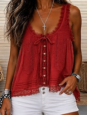 cheap Lace Tops-Women's Lace Splicing Top Cami Top Jacquard Tie Front Lace Trim Elegant Bohemia Active Sleeveless Crew Neck Square Neck Scoop Neck Long Tops Casual Red Dark Green Green Apricot Summer Spring Fall