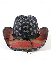  Patriotischer Western-Cowboyhut für Herren, Strohhut aus Polyester mit USA-Flagge und verstellbarem Kinnband, weiß-khakifarbener Sommerhut für Rodeo-Feiern am 4. Juli, dem amerikanischen