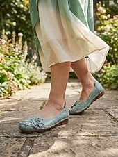 voordelige Platte damesschoenen-Dames ballerina's van premium rundleer in een brede pasvorm - handgemaakte comfortabele schoenen met 3D-bloemenapplicatie en gestikte afwerking, vintage instapschoenen voor casual gebruik, reizen en