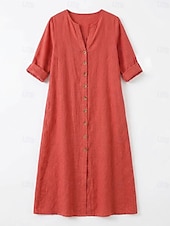 voordelige Jurken-Dames Maxi-jurk Linnen jurken Vintage Dagelijks Ruim Passend Heldere kleur Lange mouw V-hals Rood Zomer