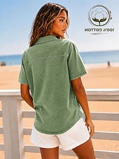  Per donna Maglia Henley Lavaggio acido Lavaggio vintage Tinta unica Elegante Vintage Moda Manica Corta Colletto a Camicia Top lunghi Casuale Spiaggia Blu Viola Verde Estate Primavera