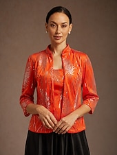 cheap Women's Blouse Suits-Women's Sequin Tops Twinset Sequins Feather Elegant 3/4 Length Sleeve Mandarin Collar Regular Tops Wedding Guest Orange Spring Fall