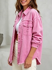  Blusa feminina estilo jeans com bolsos e botões, cor sólida, elegante, para férias, estilo vintage, manga longa com gola dobrada, modelo regular, casual, para uso diário, ao ar livre, nas cores preto, rosa, vermelho, cáqui, verde militar, para outono e in