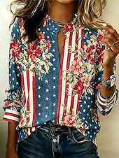  Giorno dell'Indipendenza Americana Per donna Camicia Grafico Bandiera Vintage Elegante Manica Lunga Collo a V Top Regolari Casuale Quotidiano Ferie Blu Bianco Rosso Estate Primavera
