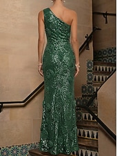 abordables Vestidos de Noche en A-A-Line Mermaid Trumpet Floor Length Evening Gown Formal Dress Elegant Vintage Sparkle Sleeveless One Shoulder Wedding Formal Sequined with 3D Flowers Crystals Ruffles