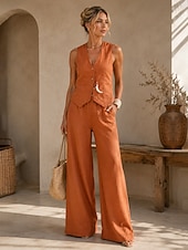 preiswerte Blusenanzüge für Damen-Damen Hosen-Sets Ärmellos V Ausschnitt Einfarbig Gerafft Elegant Lässig Täglich Schwarz Weiß Orange Frühling &amp; Sommer