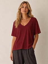  T-shirt da donna con scollo a U in cotone lyocell e canapa