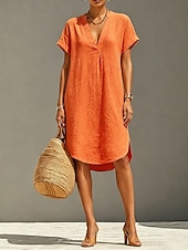  Femmes Robe Longueur Genou Robes en lin ancien Quotidien Mince Uni Manche Courte Col en V Kaki Rouge Orange Été