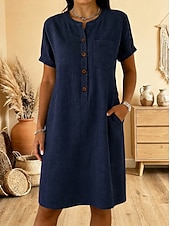 cheap Plain Dress-Women's Knee Length Dress Casual Dress Elegant Vacation Casual Daily Outdoor Vacation Regular Fit Plain Short Sleeve Crew Neck Blue Navy Blue Summer Spring