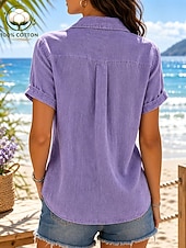  Damenbluse aus 100 % Baumwolle, einfarbig, Vintage-Stil, klassisch, Kurzarm, Umlegeärmel, normale Passform, lässig, alltagstauglich, lila, Sommer, Frühling