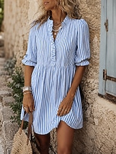 abordables Robe Boho-Femmes Robe Longueur Genou Robe trapèze Élégant Quotidien Coupe régulière Rayé Demi Manches Col montant Bleu Kaki Été Automne
