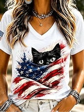  American Independence Day Women's T Shirt Print Graphic Flag Cat Vintage Stylish Classic Short Sleeve V Neck Regular Tops Casual Daily Blue White Red Summer Spring