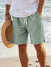 cheap Holiday-Men's Summer Shorts Beach Shorts Casual Shorts Drawstring Elastic Waist Solid Color Textured Comfort Breathable Above Knee Casual Daily Outdoor Fashion Retro Vintage Blue Khaki Inelastic