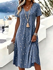  Femmes Robe Longueur Genou Robe T-Shirt Robe trapèze Vacances Occasionnel Boho Plage Coupe régulière Fleuri Graphique Manche Courte Col en V Bleu Orange Vert Été Printemps