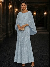 billiga Knöchellänge-A-Line Dress Floor Length Ankle Length Cocktail Dress Mother of the Bride Dress Long Sleeve Scoop Neck Elegant Luxurious Sparkle &amp; Shine Formal Wedding Guest Semi Formal Lace with Beading Sequin