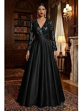 economico Abiti da Sera a Linea A-Linea ad A Lunghezza al pavimento Abito da Sera Da principessa Abito formale Elegante Scintillante Setoso Manica Lunga Scollo a V Matrimonio Formale Tasca Raso Con Paillettes con Glitter Pieghe Tasca