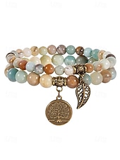 economico Bracciale da donna-Set di braccialetti da donna bohémien a strati con perline di pietra naturale, albero della vita e ciondoli a forma di foglia, gioielli da polso impilabili multicolore in 2 pezzi per l'uso quotidiano,