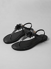 cheap Flat Sandals-Women's Green Floral T-Strap Flat Sandals with Elastic Slingback - Summer Thong Sandals for Vacation, Travel, Casual Walking and Everyday Wear