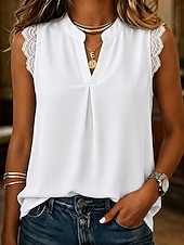 Women's Tank Top Lace Trim Plain Stylish Casual Sleeveless Stand Collar Regular Tops Casual Daily Khaki White Pink Green Summer Spring