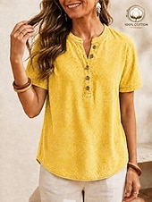  Maglietta Henley da donna Softfade™ in 100% cotone stile vintage - top basic a maniche corte con lavaggio morbido