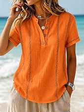 cheap Plain tee-Women's T Shirt Henley Shirt Tee Top Buttons Striped Fashion Short Sleeve Henley Long Tops Casual Beach Summer White Light Green Navy Blue Sky Blue Orange Summer Spring