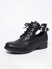 voordelige Botas de combate-Women's Black Cutout Low Heel Combat Boots – Lace-Up Ankle Boots with Adjustable Side Buckle and Durable Non-Slip Sole for Travel and Casual Wear